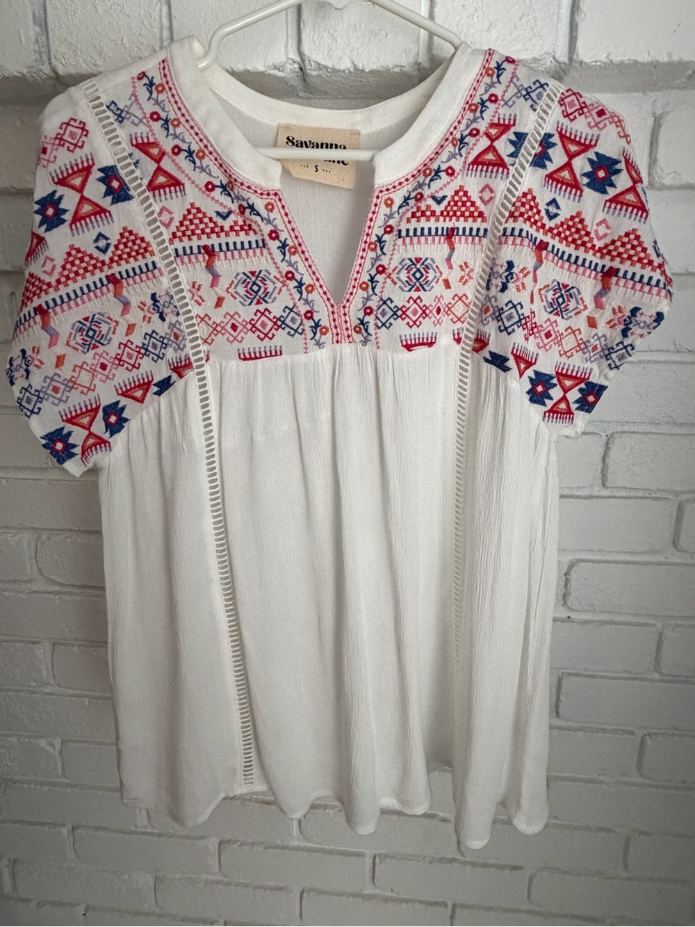 Savanna Jane White Tunic with Red & Blue Embroidery